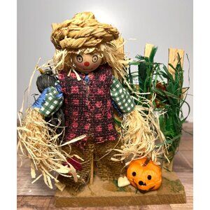 Handcrafted Rustic Scarecrow Figurine With Pumpkin & Wooden Fence